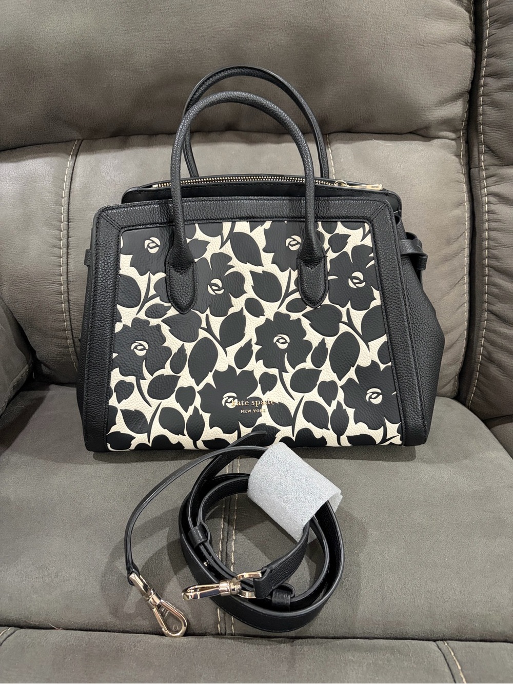 Kate Spade Large Knot Black & Cream Floral Satchel with Detachable Strap